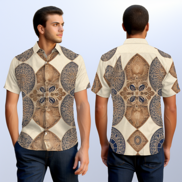 Intricate Indian Henna Tattoo Pattern Men's Casual Shirt full body front and back view