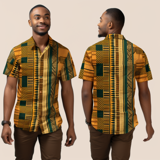 African Kente Geometric Pattern Print Men Casual Short Sleeve Shirt