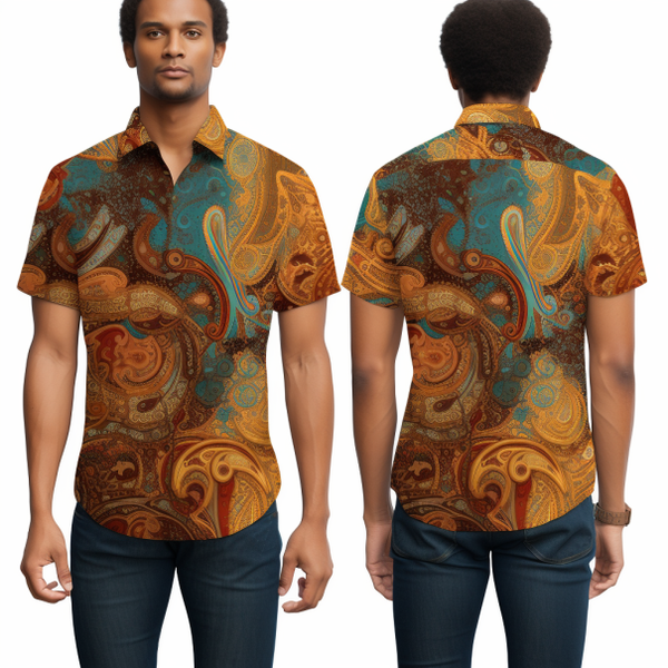 Paisley Pattern Men Short Sleeve Casual button down Shirt full body front view and back view