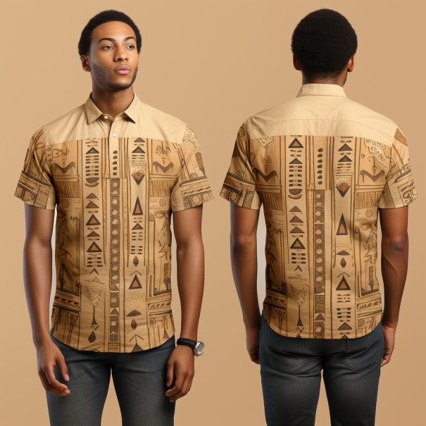 Men's bohemian style shirt with ancient Egyptian hieroglyphs pattern full body front and back view