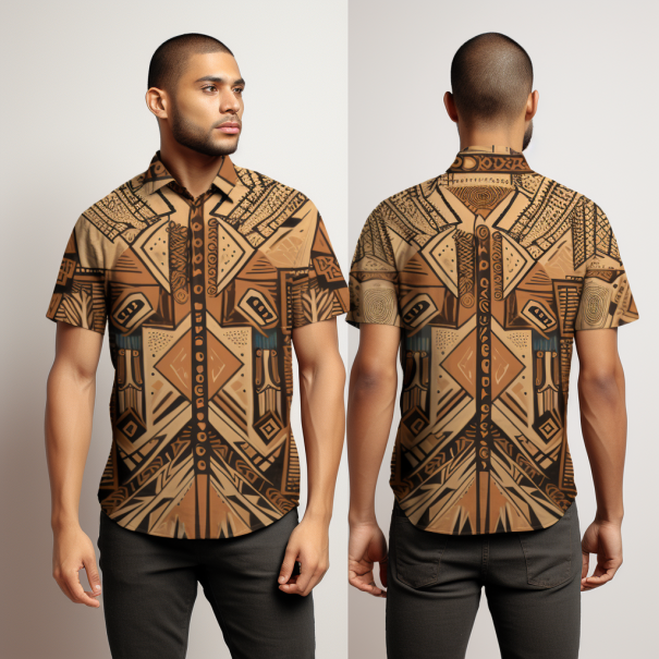 African Mud Cloth Pattern Men Casual Short Sleeve Shirt front and back view