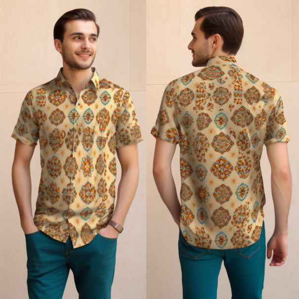 Intricate Indian Henna Tattoo Pattern Men's Casual Shirt full body front and back view