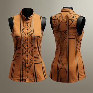 African Mud Cloth Pattern Nehru Collar Womens Sleeveless Shirt band collar front and back view