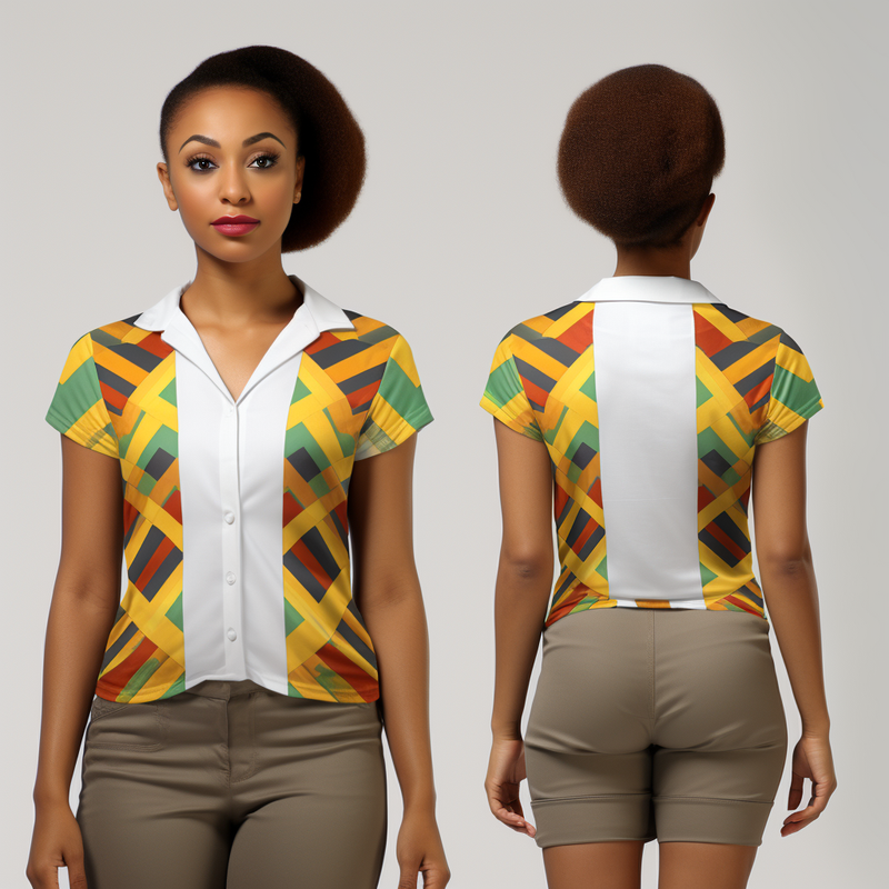 Kente Geomentric Pattern Lapel collar V Neck Women Short Sleeve Shirt