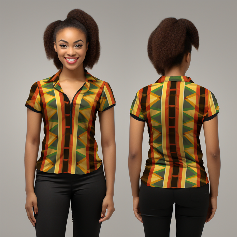 Vibrant Kente Pattern Lapel Collar Women's Henley Short Sleeve Shirt full body front view and back view
