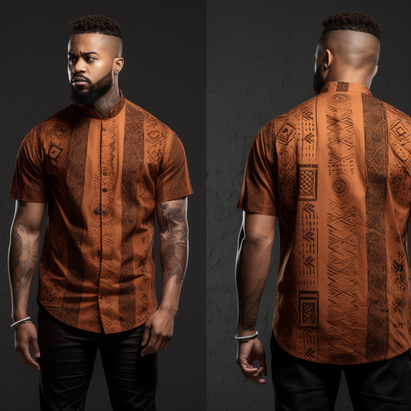 African Mud Cloth Pattern Mandarin Collar Men Casual Short Sleeve Shirt front and back view