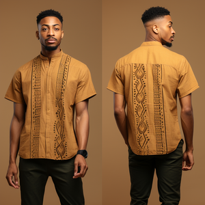 African Mud Cloth Pattern Mandarin Collar Men Casual Short Sleeve Shirt front and back view