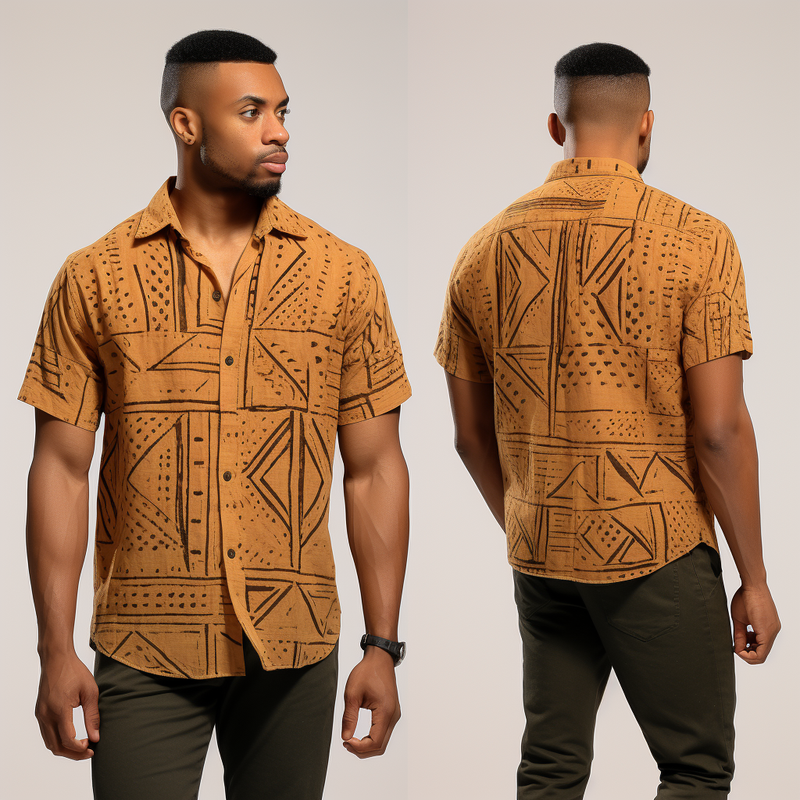 African Mud Cloth Pattern Men Casual Short Sleeve Shirt front and back view