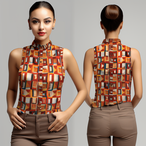 Aguayo pattern sleeveless Nehru collar women's shirt, a touch of South American culture for casual occasions front and back view