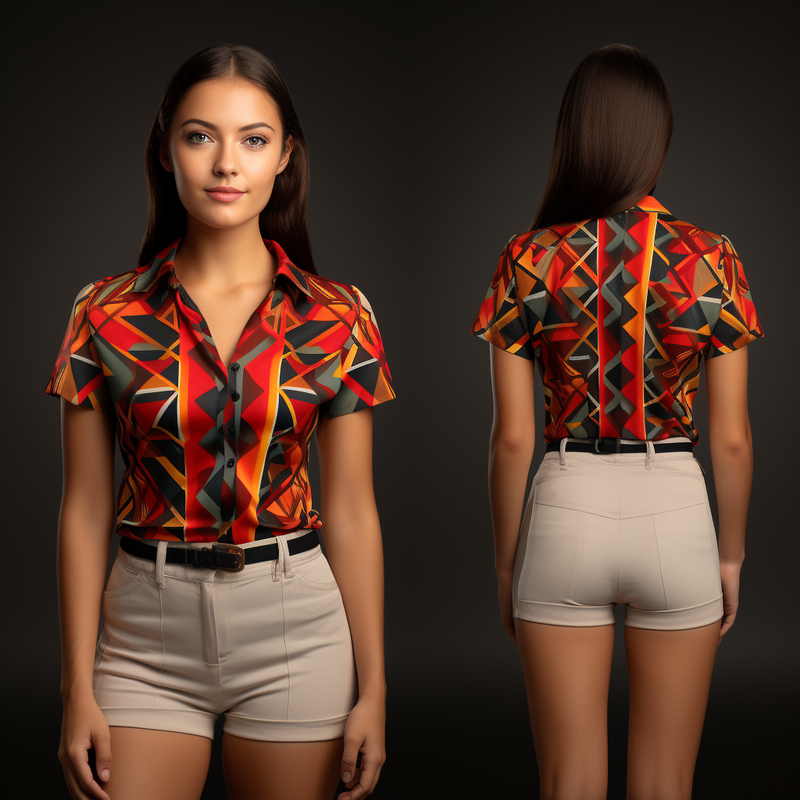 South American Aguayo Pattern Women's V-Neck Short Sleeve Shirt full body front view and back view