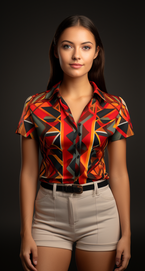 South American Aguayo Pattern Women's V-Neck Short Sleeve Shirt full body front view