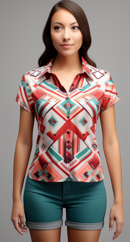 Vibrant Aguayo Geometric Retro Women's Short Sleeve Shirt full body front view