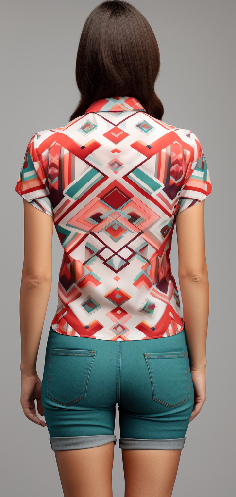 Vibrant Aguayo Geometric Retro Women's Short Sleeve Shirt full body back view