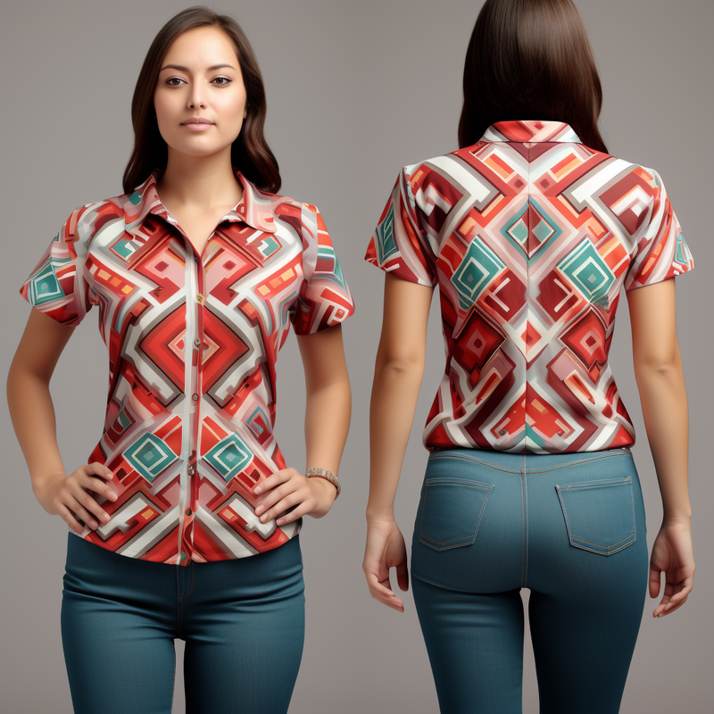 "Andean Aguayo Geometric Pattern Women's Short Sleeve Shirt" full body front and back view