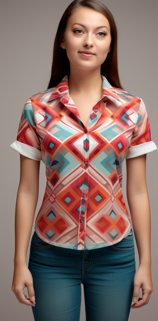 Aguayo pattern lapel collar women's short sleeve shirt front view