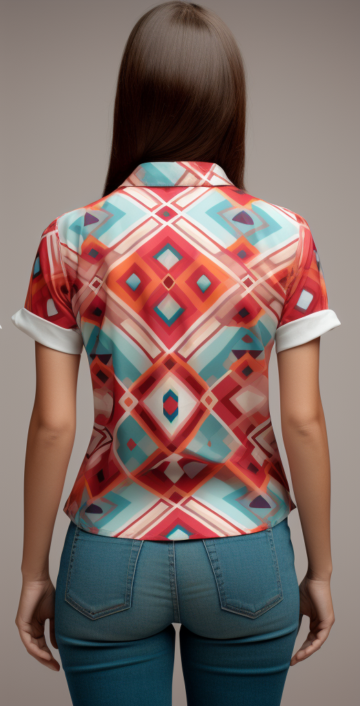 Aguayo pattern lapel collar women's short sleeve shirt on a hanger back view