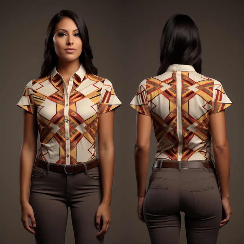Andean Aguayo Pattern Bohemian Style Women Casual Short Wing Sleeve Shirt full body front view and back view