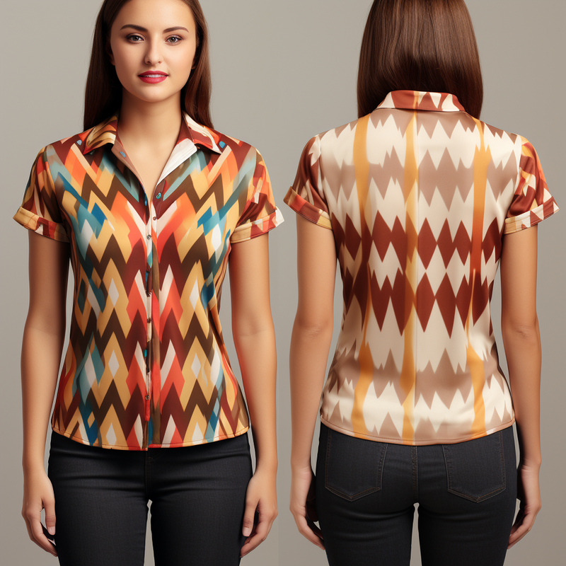 Geometric Aguayo Pattern Bohemian Style Women's V-Neck Short Sleeve Shirt full body front and back view