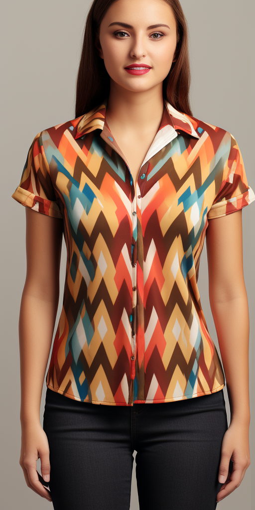 Geometric Aguayo Pattern Bohemian Style Women's V-Neck Short Sleeve Shirt full body front view