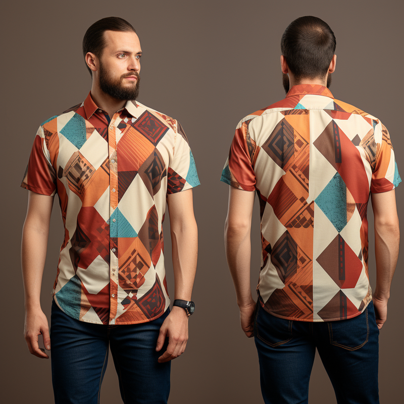 Egyptian Geometric Pattern Men's Short Sleeve Shirt full body front and back view