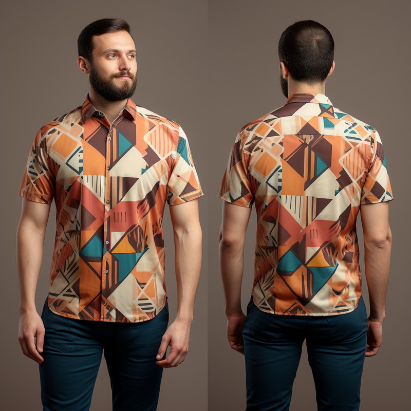Egyptian Geometric Pattern Men's Short Sleeve Shirt full body front and back view