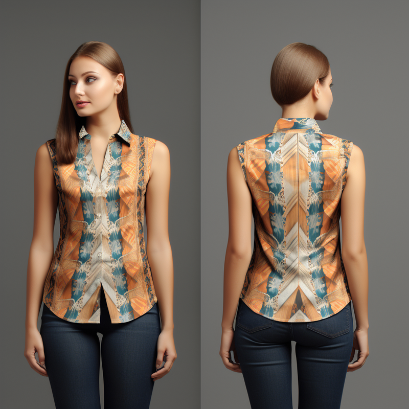 Arabesque Fabric Pattern V-Neck Women's Sleeveless Shirt full body front and back view