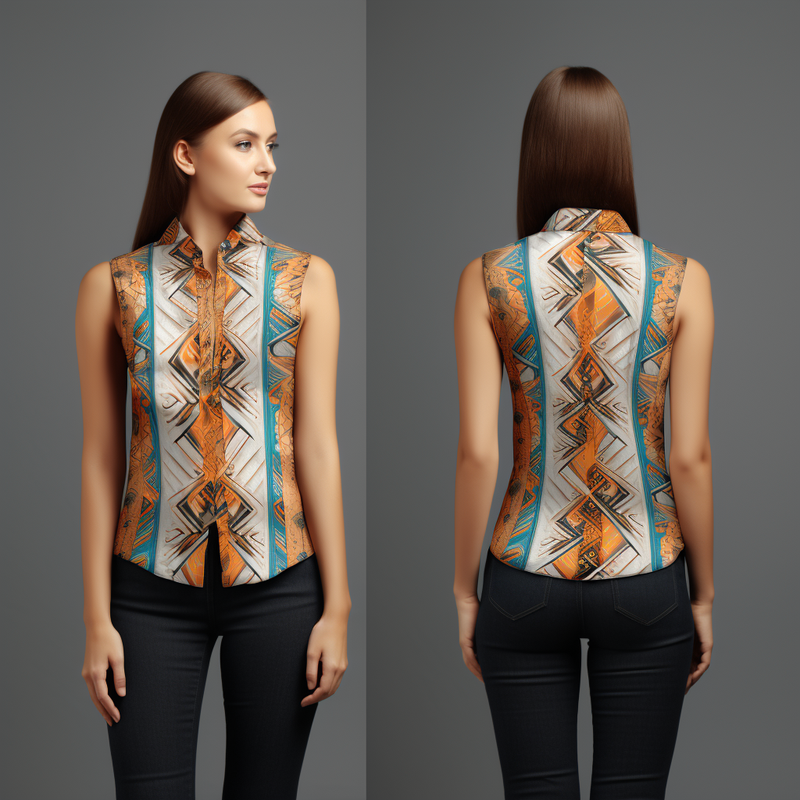 Arabesque Fabric Pattern V-Neck Women's Sleeveless Shirt full body front and back view