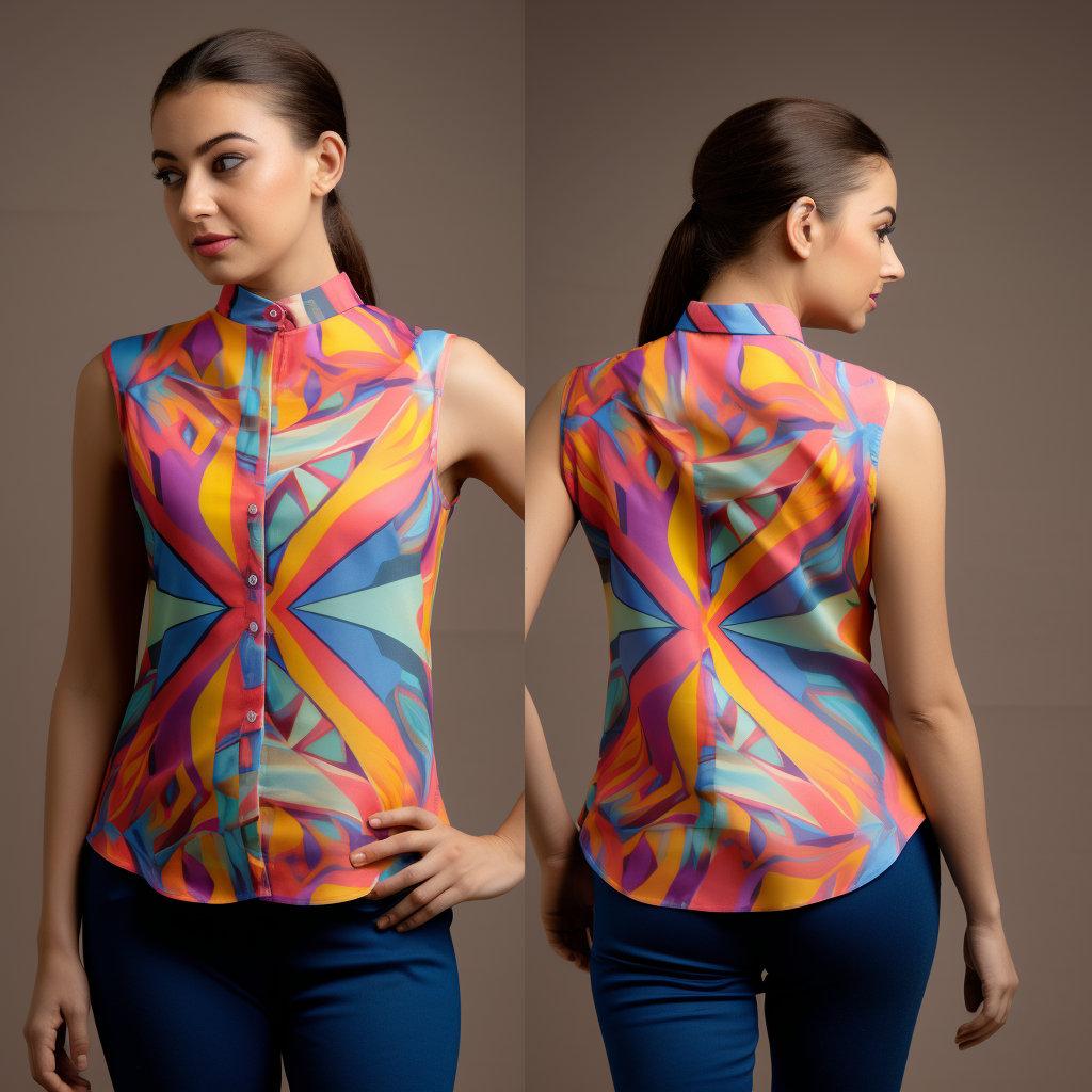 Vibrant Indian Rangoli Pattern Nehru Collar Sleeveless Woman Shirt Band Collar