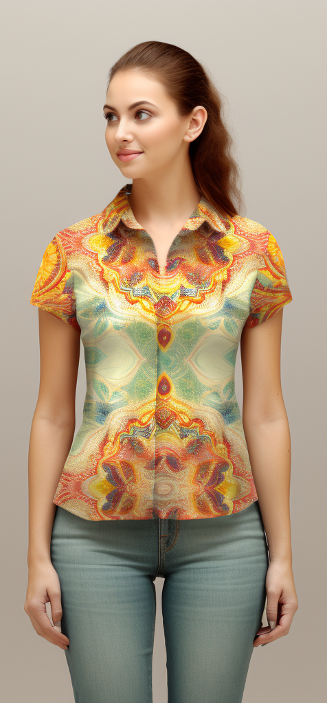 Vibrant Indian Rangoli Pattern Women's Button-Down Shirt full body front view