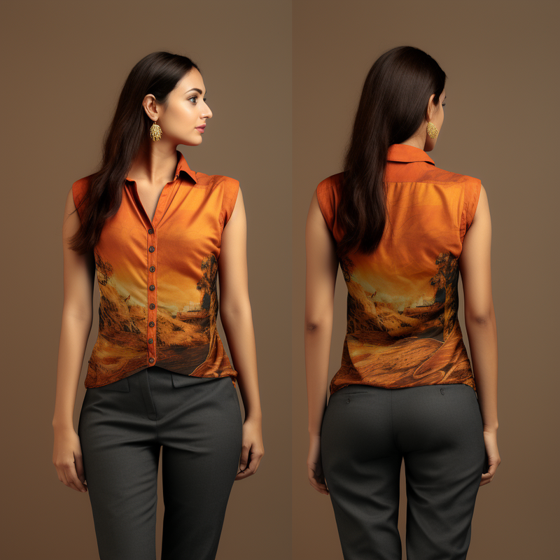 Intricate Indian Sari Pattern Print Women's V-Neck Sleeveless Shirt full body front and back view