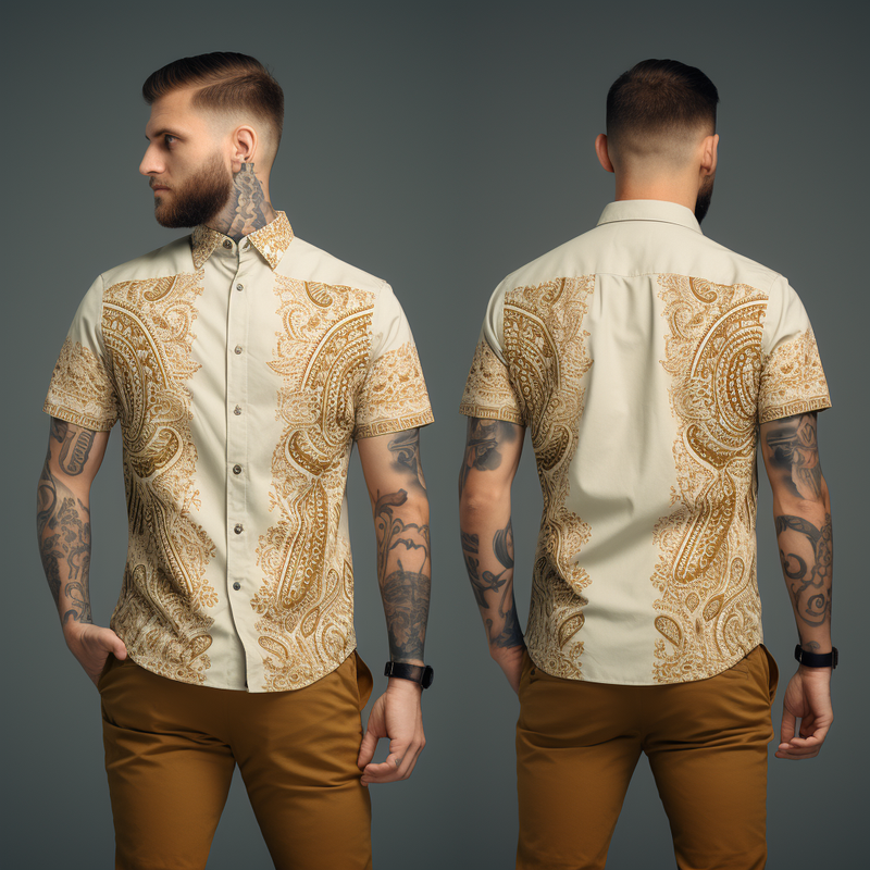 Intricate Indian Henna Pattern Men's Short Sleeve Shirt full body front and back view