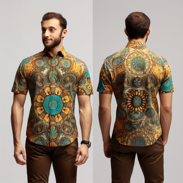 Vibrant Indian Rangoli Pattern Men's Short Sleeve Shirt full body front view and back view