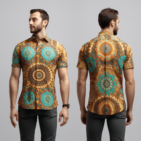 Vibrant Indian Rangoli Pattern Men's Short Sleeve Shirt full body front view and back view