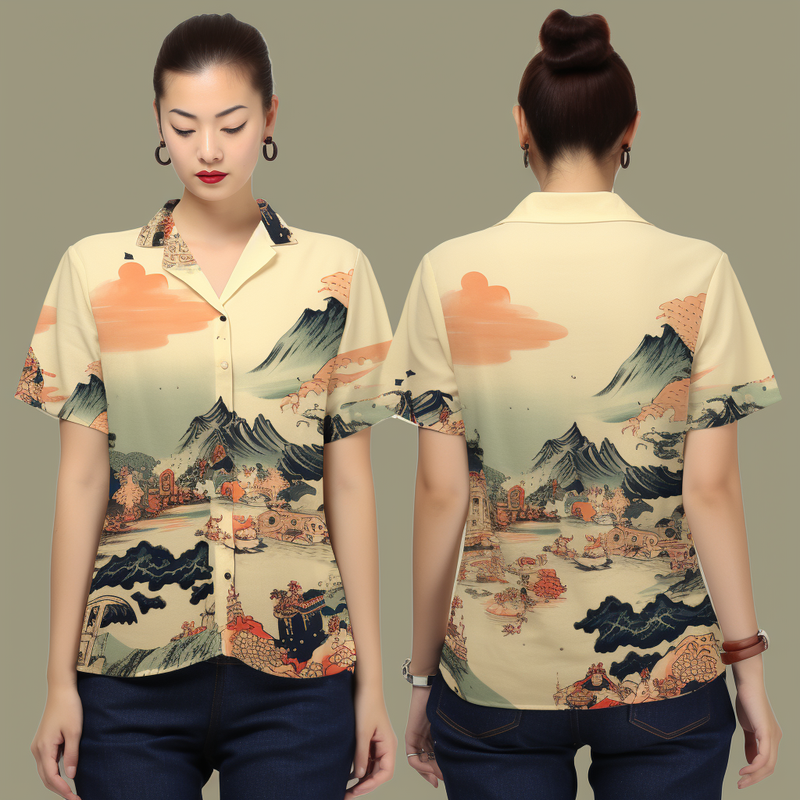 Intricate Ukiyo-e Pattern Women's Short Sleeve Shirt full body front and back view