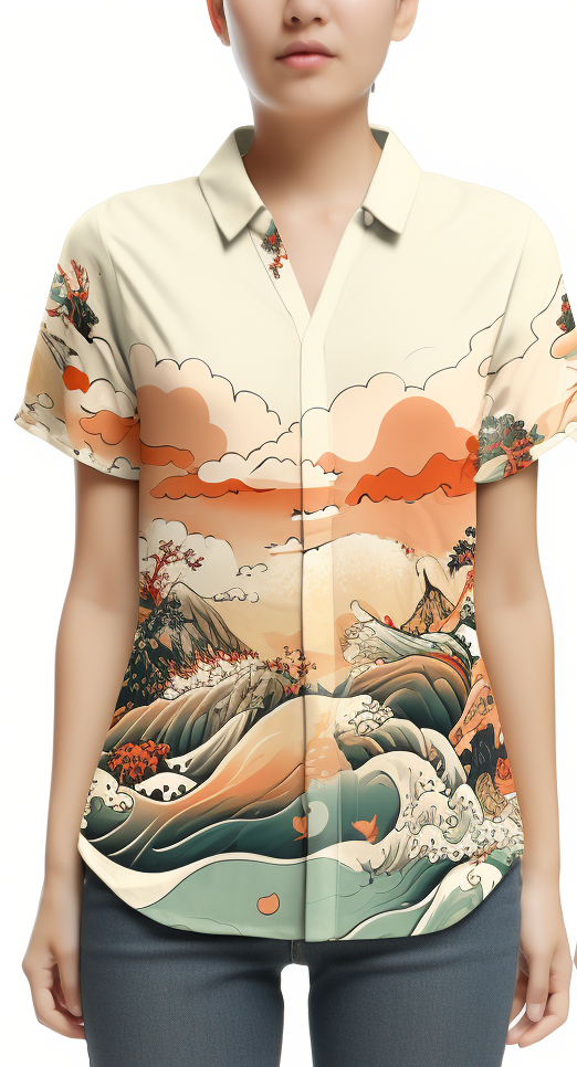 Japanese Ukiyo-e Pattern Women's Short Sleeve Shirt full body front view