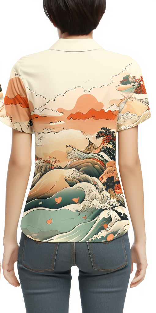 Japanese Ukiyo-e Pattern Women's Short Sleeve Shirt full body back view