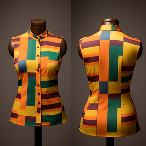 African Kente Pattern Sleeveless Nehru Collar Women Casual Shirt Band Collar front and back view