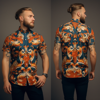 Norwegian Rosemaling pattern mandarin collar mens short sleeve shirt full body front and back view