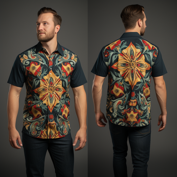 Vibrant Norwegian Rosemaling Pattern Men's Short Sleeve Shirt - Bohemian Style full body view front view and back view