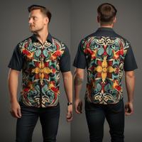 Vibrant Norwegian Rosemaling Pattern Men's Short Sleeve Shirt - Bohemian Style full body view front view and back view