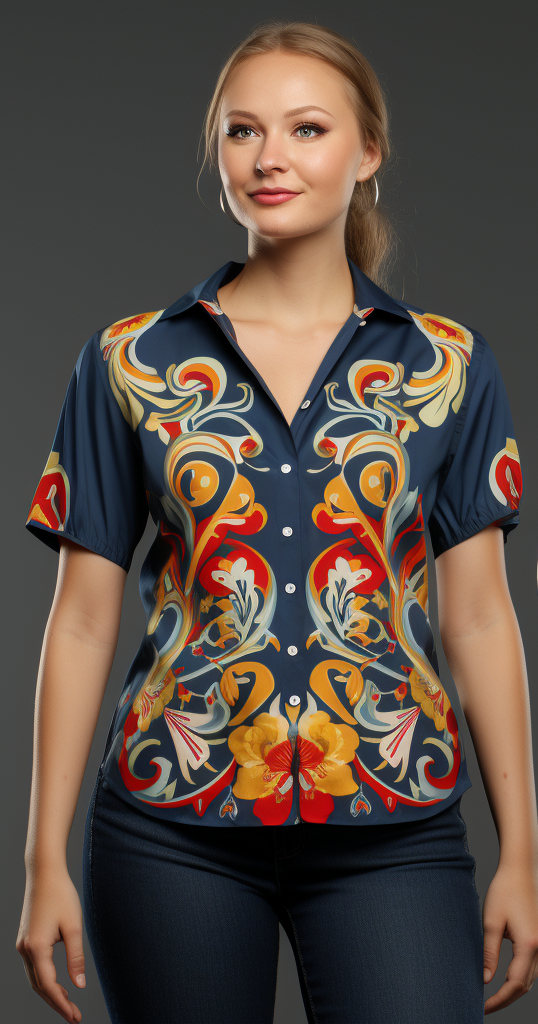 Intricate Norwegian Rosemaling Pattern Women's V-Neck Short Sleeve Shirt full body front view