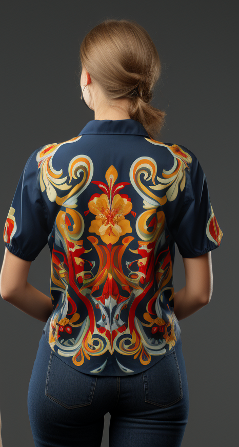 Intricate Norwegian Rosemaling Pattern Women's V-Neck Short Sleeve Shirt full body back view