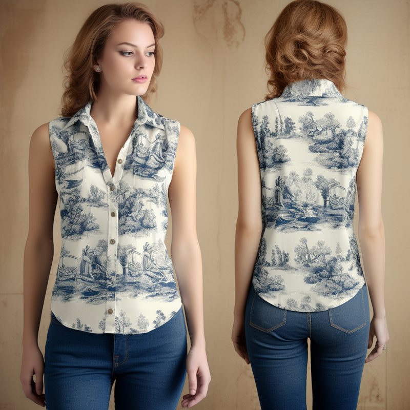 Toile de Jouy French Country Women's Sleeveless Shirt full body front and back view