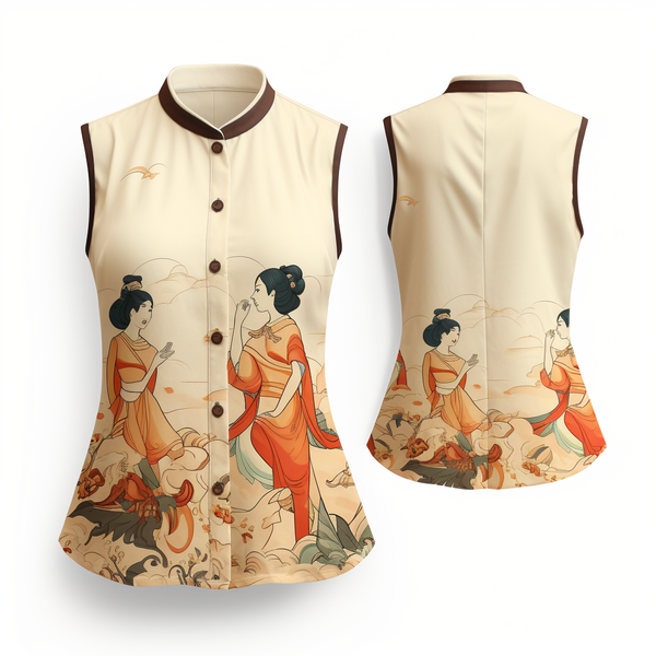 Ukiyo-e Pattern Sleeveless Nehru Collar Women's Shirt front view and back view