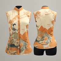 Ukiyo-e Pattern Sleeveless Nehru Collar Women's Shirt front view and back view