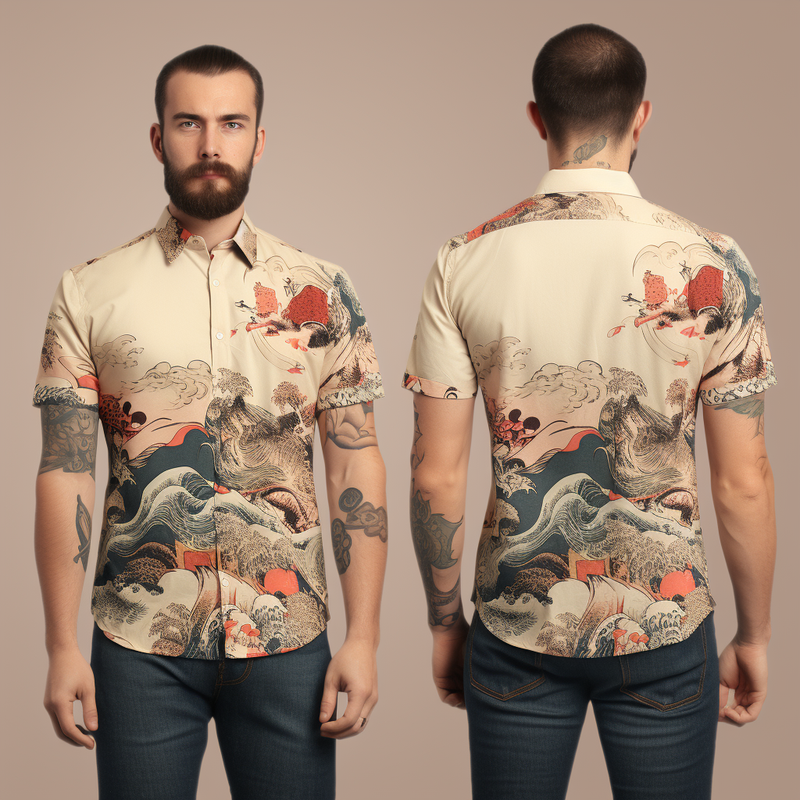 Japanese Ukiyo-e Pattern Print Men's Short Sleeve Shirt in Light Beige Shade full body front and back view