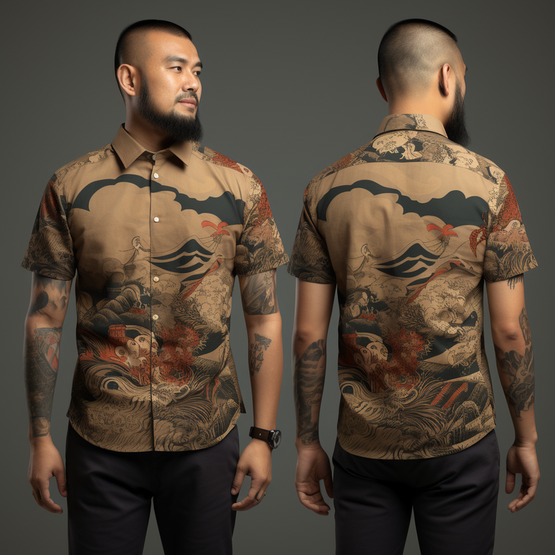 Intricate Japanese Ukiyo-e Pattern Dark Print Retro Style Men's Short Sleeve Shirt full body front and back view