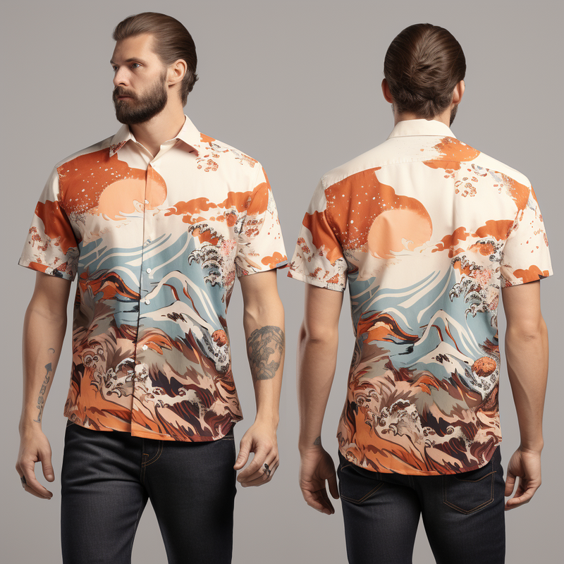 Intricate Japanese Ukiyo-e Pattern Print Men's Bohemian Retro Style Short Sleeve Shirt with Light Print full body front and back view