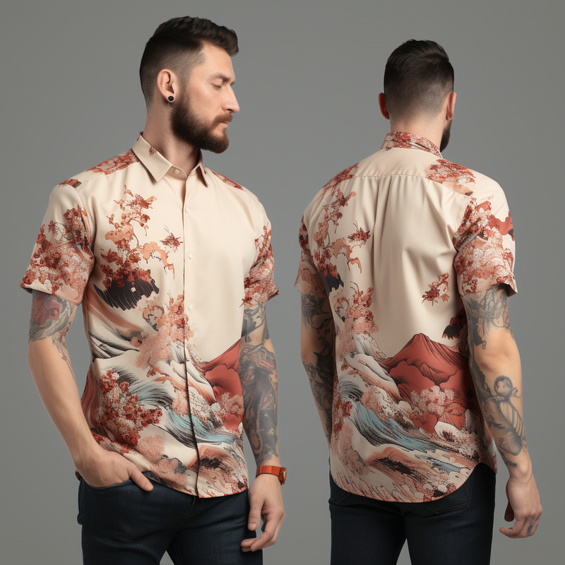 Intricate Japanese Ukiyo-e Pattern Print Retro Men's Short Sleeve Shirt in Light Cherry Blossom Color full body front and back view