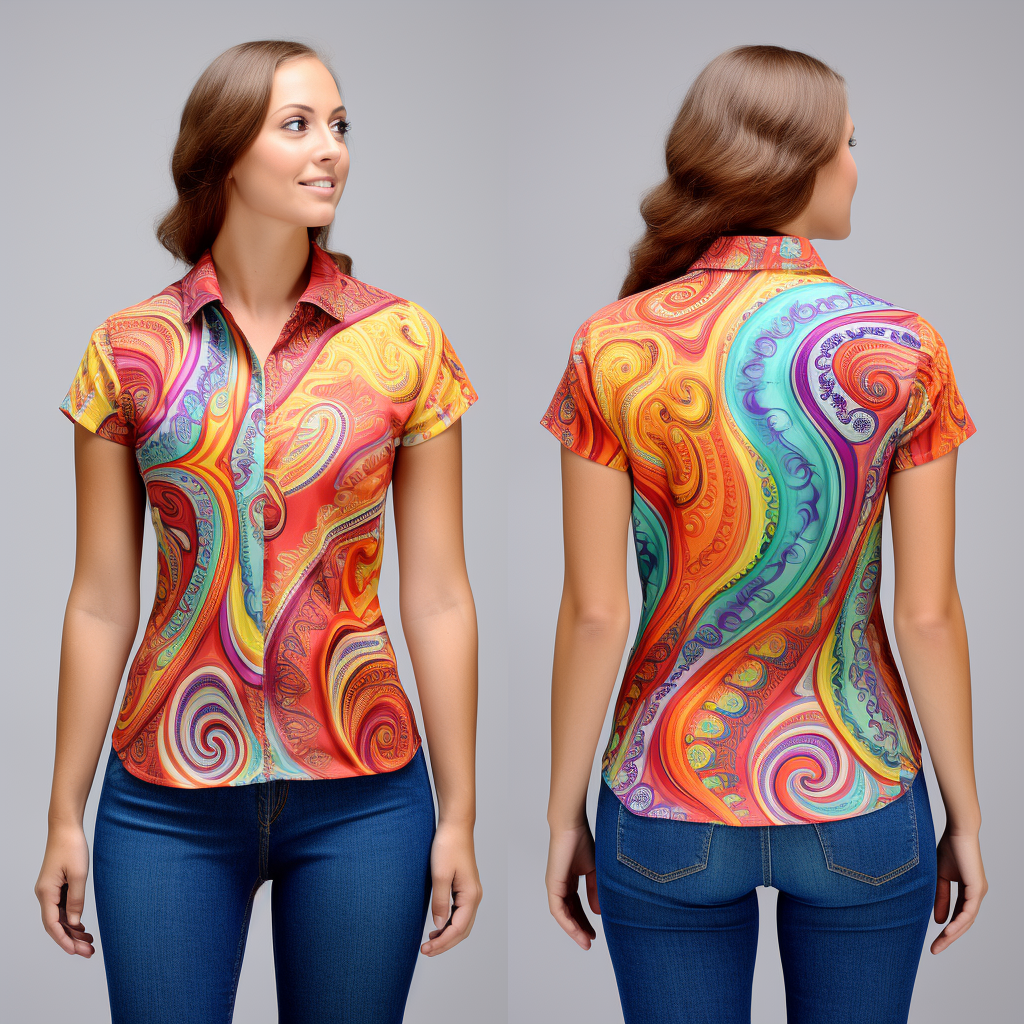 Vibrant Paisley Pattern Women's Short Sleeve Shirt full body front view and back view